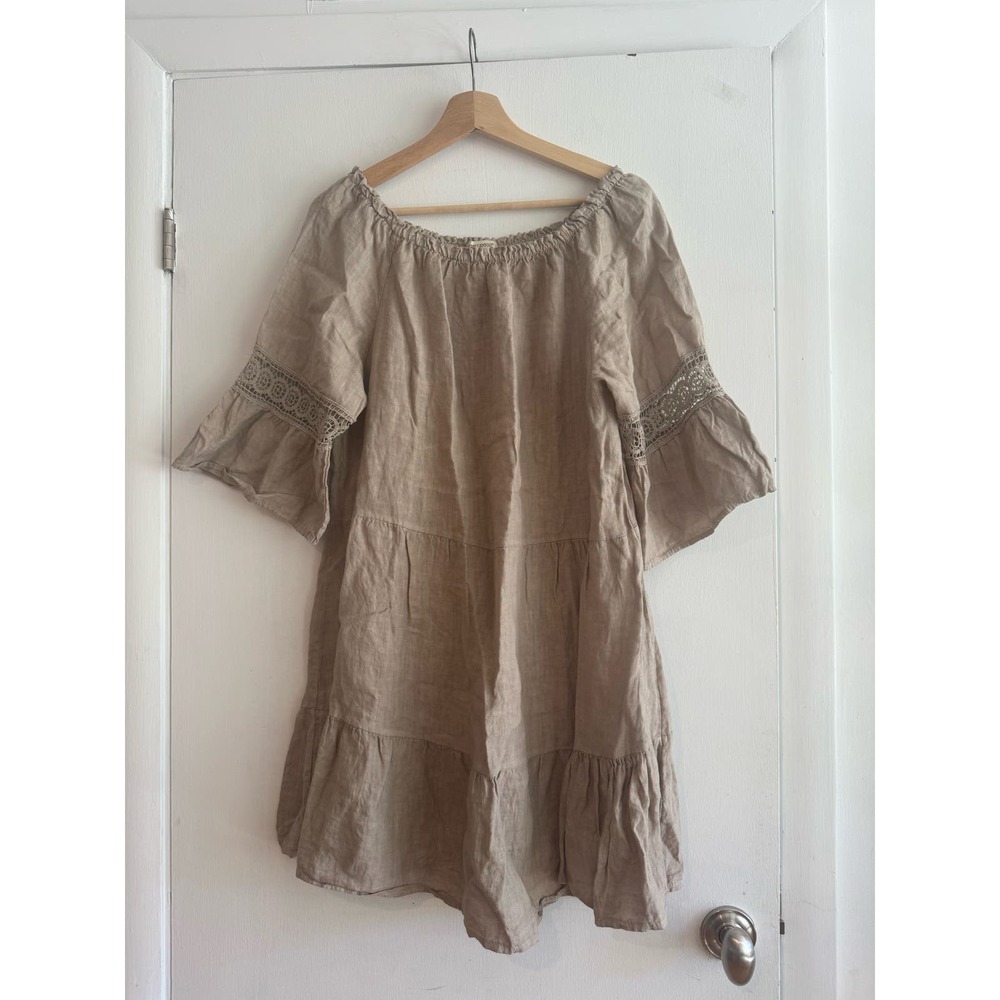 Terzo Millenio Made in Italy 100% Linen tiered mini sundress off shoulder L